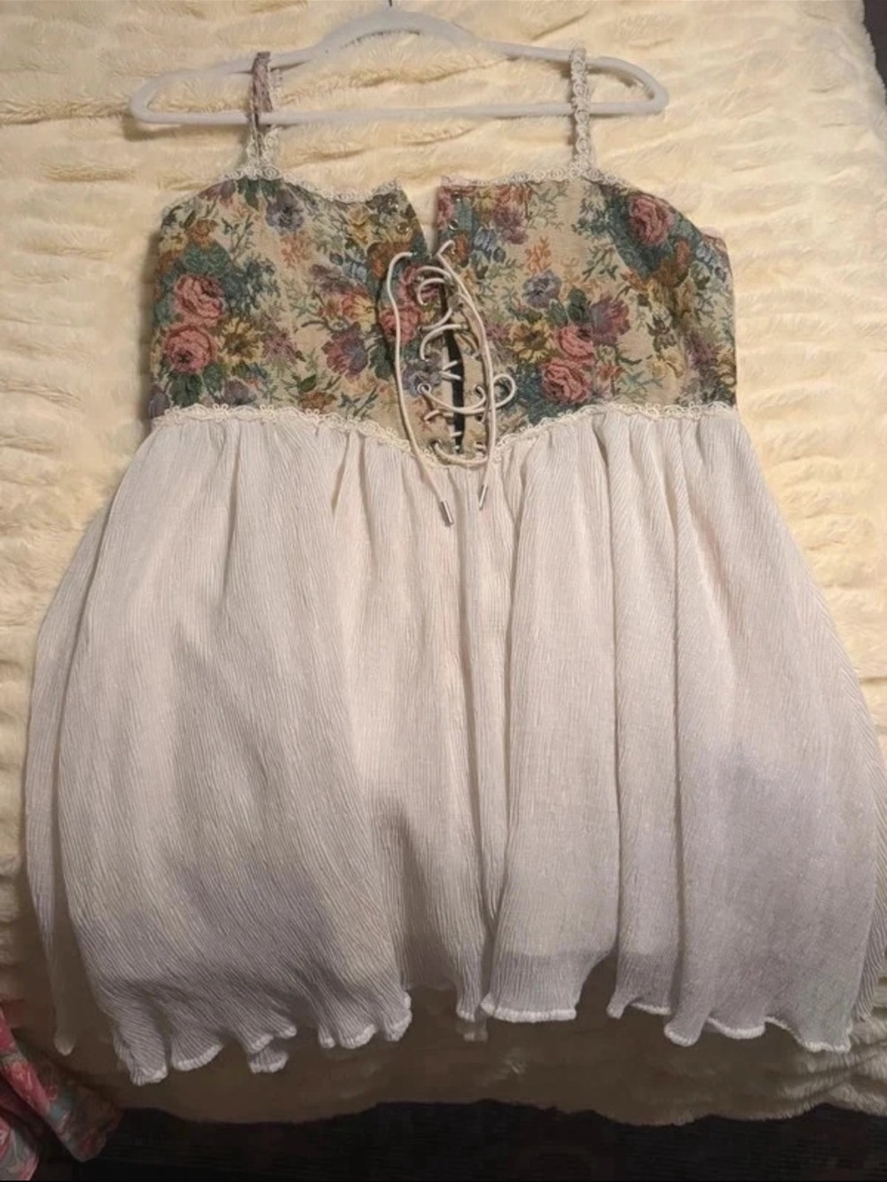 Cider Floral Lace-Up Bodice White Peasant Dress